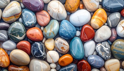 A Vibrant Collection of Smooth, Polished River Stones in Various Colors.