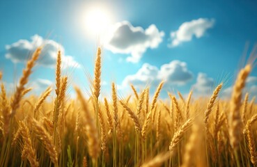 Obraz premium Golden ripe wheat ears sway gently under bright sun and clear blue sky with fluffy clouds. Fields of grain ready for harvest symbolize abundance and natural growth.