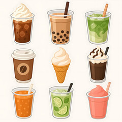 Various cold drinks and desserts set. Collections of coffee, bubble tea, matcha latte, ice cream and other types of beverages in plastic cup, paper mug, glass. Vector illustration. 
