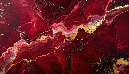 Abstract Swirling Red and Gold Fluid Art Texture Background.
