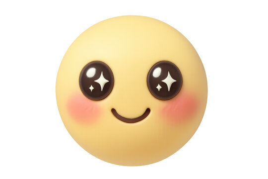 Cute 3d shiny smiling emoji feeling happy and expressing love, with blushing cheeks and sparkling eyes, transparent background