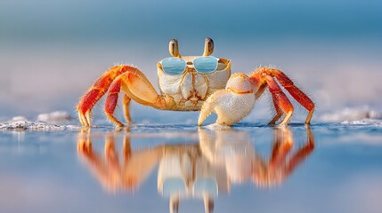 Fototapeta premium Cool Crab Wearing Sunglasses on a Sunny Beach with Reflection.