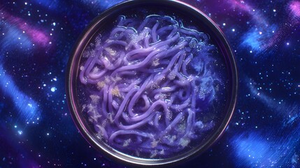 Cosmic Noodles in a Bowl Against a Starry Galaxy Background.