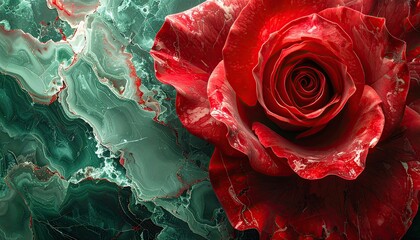 Close-up of a vibrant red rose with swirling green and black abstract background.