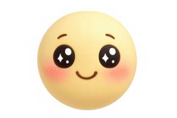 Cute blushing happy emoji with sparkling eyes and a smile, representing joy, love, and sweet emotions, transparent background