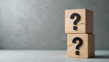 Two wooden blocks stacked with question marks. Represents uncertainty, inquiry, and seeking answers. Use for concept of problems or solutions.