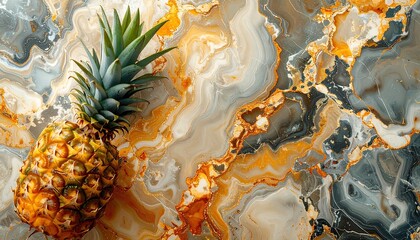 Exotic Pineapple on a Swirling Marble Background.