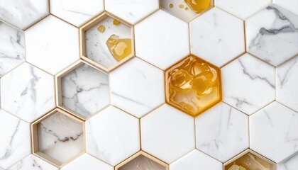 Hexagonal Marble and Gold Mosaic Tile Pattern Background.