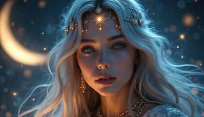 Pretty woman with gold jewelry looks at camera. Girl poses in studio with moon, stars. Lady with coiffure. Cosmetology, glamour, make up, visage and luxury concepts for beauty salon.