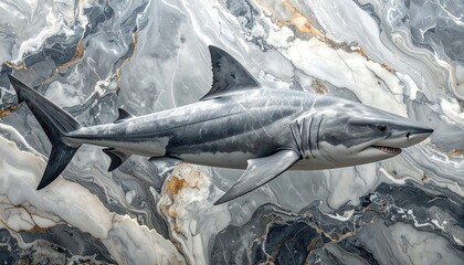 Majestic Great White Shark Sculpture Artfully Displayed Against a Textured Background.