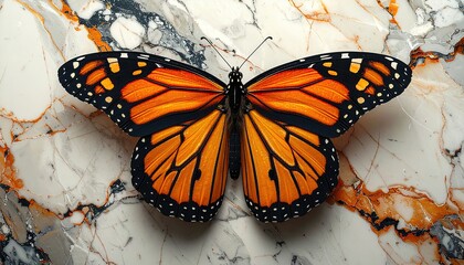 Monarch Butterfly with Intricate Wing Patterns on a Marble Surface.