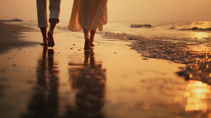Couple Walking Barefoot on Beach at Sunset with Golden Reflection.