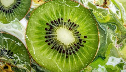 Vibrant Sliced Kiwi Fruit Close-Up with Black Seeds and Green Flesh.