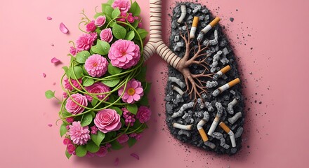 Concepto artístico de pulmones humanos comparando lado sano con flores y lado de fumador con cigarrillos y ceniza