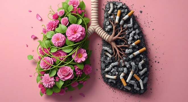 Concepto art&iacute;stico de pulmones humanos comparando lado sano con flores y lado de fumador con cigarrillos y ceniza