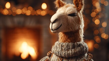 Obraz premium Cozy Llama Doll by Fireplace with Warm Bokeh Lights.