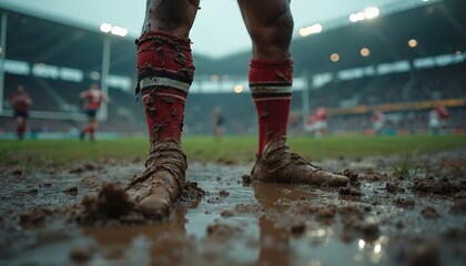 Low angle captures rugby player shoes in mud after match. Legs, socks stained by dirt. Rugged game at stadium. Team sport player stands after hard work. Tough athletic battle on field.