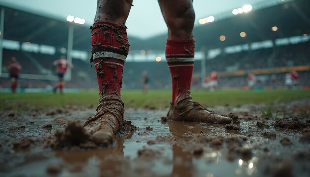 Low angle captures rugby player shoes in mud after match. Legs, socks stained by dirt. Rugged game at stadium. Team sport player stands after hard work. Tough athletic battle on field. - Powered by Adobe