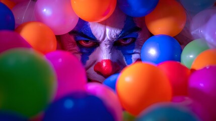 Creepy Clown Face Peeking Through a Pile of Colorful Balloons with Intense Gaze.