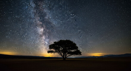 Stunning milky way over a lone tree against a night sky, perfect for nature, travel and adventure themes, ideal for inspiring awe and wonder
