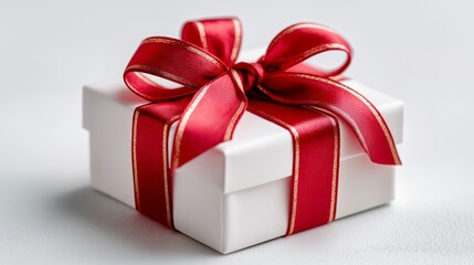 Obraz premium Elegant white gift box tied with a bright red ribbon creating a festive clean and beautifully wrapped holiday present aesthetic, Generative AI