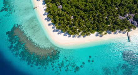 Escape to Paradise: Breathtaking aerial view of a tropical island beach with turquoise waters and palm trees, perfect for travel and vacation themes
