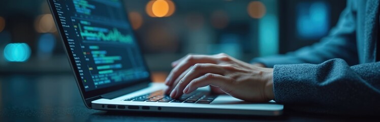 Person types code on laptop computer at night. Hands on keyboard, screen shows data charts. Digital analysis, coding, programming, business tech. Workstation detail, programmer typing. Night office
