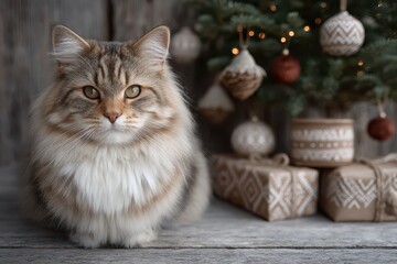 Soft furred cat scrutinizing holiday ornaments amidst snow, Relaxed tabby cat examining Christmas tree ornaments while snowlike fur and holiday lights create festive ambiance