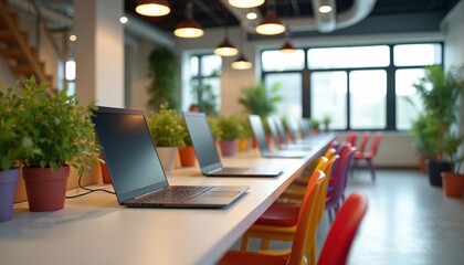 Modern open office space with row of laptops on desk, colorful chairs and green potted plants. Bright daylight streams through large windows.
