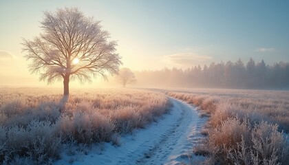 Winter meadow with frosted grass and bare tree branches. Sun rises through mist, illuminating a snowy path leading towards a distant forest. Peaceful frosty morning scene.