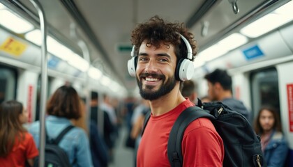 Smiling man with backpack listens music on subway. Passenger uses headphones at public transport in crowded underground train. Male smiles during city travel. Guy commutes in metro train.