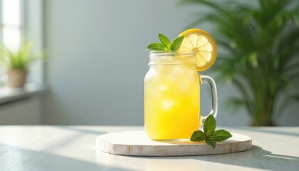 Cold lemonade with lemon slice and mint leaves sits on wooden board. Refreshing summer drink in mason jar with ice. Natural beverage on bright sunny table.