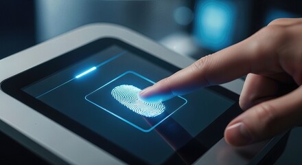 Human finger presses modern biometric scanner for secure identification, digital authentication system ensures data protection and personal access verification.