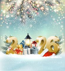 Merry Christmas and Happy New Year Background with 2026 and colorful gift boxes and branches of christmas tree. Vector