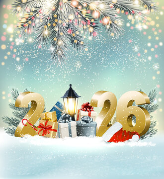 Merry Christmas and Happy New Year Background with 2026 and colorful gift boxes and branches of christmas tree. Vector