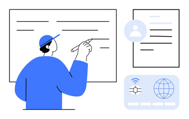 Person writing on whiteboard with data charts, digital ID, and connectivity icons. Ideal for education, planning, technology, teamwork, business innovation learning. Simple flat metaphor