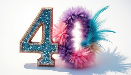 Sparkling number forty with colorful fluffy accents. Celebration prop for birthdays anniversaries or special events. Festive numeral with glitz and glamour for party decor or advertising.