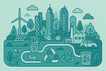 Sustainable Urban Ecosystem with Wind Turbines and Solar Panels Promoting Green Living and Recycling in a Modern Cityscape Focused on Environmental Awareness