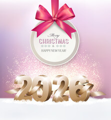 Merry Christmas and New Year Holiday background with a gold 2026 and gift card with ribbon. Vector.