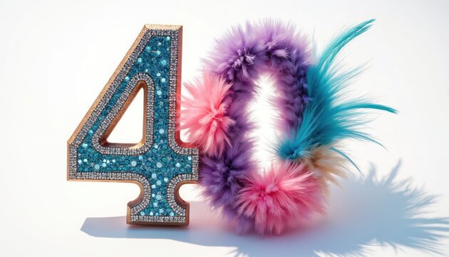 Sparkling number forty with colorful fluffy accents. Celebration prop for birthdays anniversaries or special events. Festive numeral with glitz and glamour for party decor or advertising.