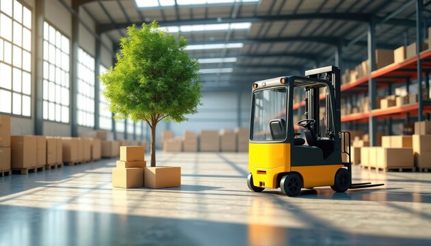 Modern warehouse interior with a yellow forklift next to a small green tree. Stacks of cardboard boxes are arranged on the floor and on shelves, illuminated by natural light from large windows.