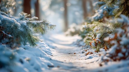 Snow-covered forest path framed by frosted evergreen branches illuminated by soft morning light creating a peaceful winter nature scene, Generative AI