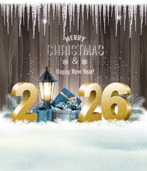 Merry Christmas and Happy New Year Holiday background with gift boxes and 2026. Vector.