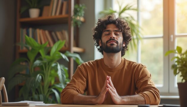 Man meditates at desk with hands together, eyes closed. Calm person practices mindful breathing, seeks inner peace and focus. Home office setting with bookshelf and plants.
