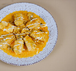 Stuffed cabbage leaves. Cabbage wraps. Chou farci, dolma, sarma, golubtsy or golabki. Flat lay, layout, overhead. High quality photo