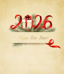 Happy New Year and Christmas holiday background with a 2026 and branch of tree and gift box. Vector.
