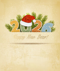 Holiday Christmas Background with 2026 and Santa Hat. Vector