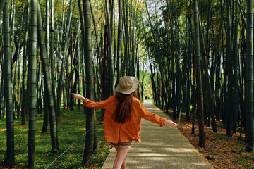 Bamboo woman path hat forest nature walking back view of a woman in a straw hat walking a shaded path through bamboo forest, peaceful greenery, sunlight and serene outdoor journey for travel
