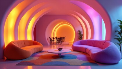 Futuristic lounge with curvy sofas and neon glow walls. Modern interior design features orange and pink furniture, a round table, and abstract carpet patterns creating a vibrant, chic ambiance.