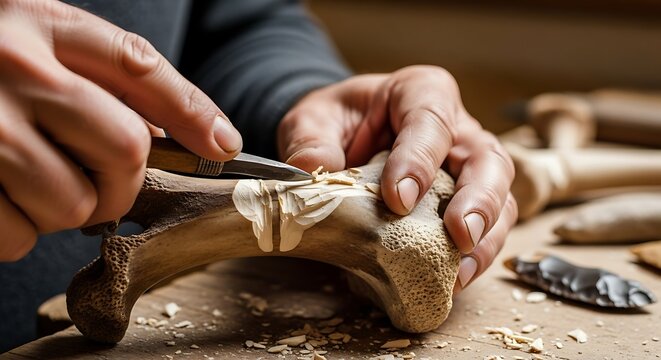 Artisan carving intricate designs into bone material with precision and skill in a traditional craft workshop setting